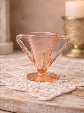 Vintage Pink Depression Glass Mini Vast Double Handle Etched Floral